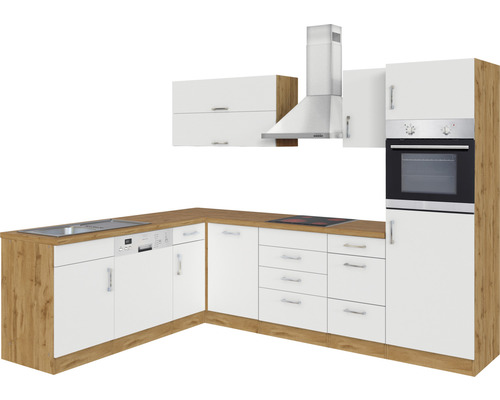 Cuisine d''angle complète avec évier, lave-vaisselle, plaque de cuisson, four et hotte.