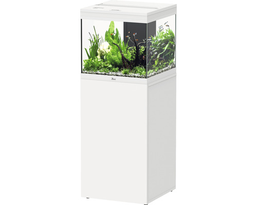 Ensemble d'aquarium aquatlantis Aqua Tower 120 l, avec éclairage EASY LED 2.0, système de filtre interne, chauffage et meuble bas blanc