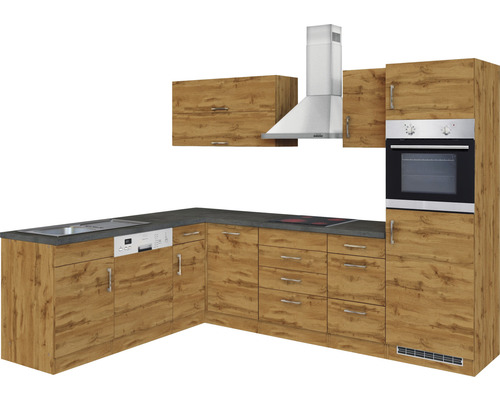 Cuisine complète avec évier, lave-vaisselle, plaque de cuisson, four et hotte aspirante