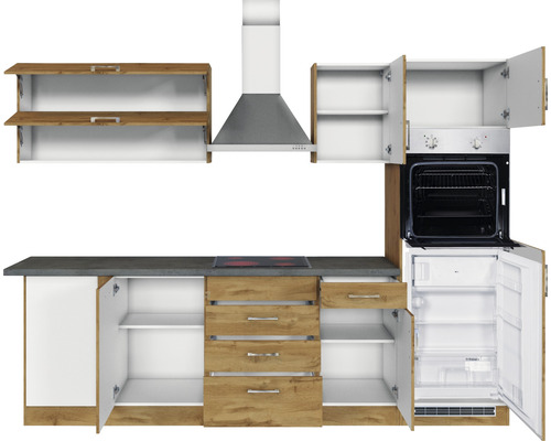 Cuisine avec éléments hauts, hotte aspirante, cuisinière, four et réfrigérateur