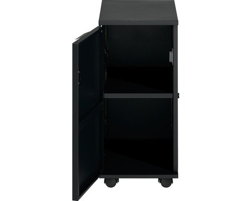 Armoire avec porte ouverte, deux étagères et roulettes