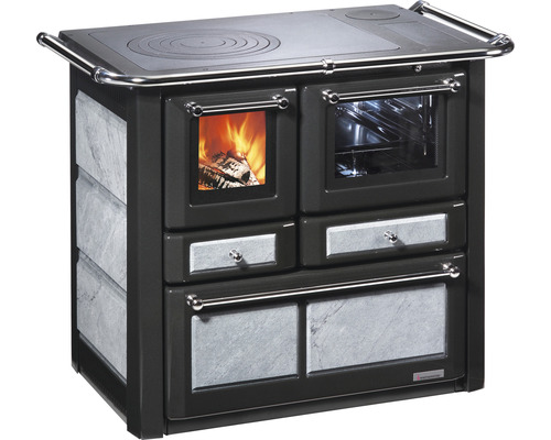 Poêle à combustible solide Westminster K85F gris four à droite avec zone de cuisson en plaques d'acier Cuisinière à bois avec plaque de cuisson, four et feu de bois