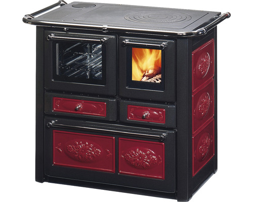 Festbrennstoffherd Westminster K85F bordeaux Backofen links mit Stahlplatten-Kochfeld