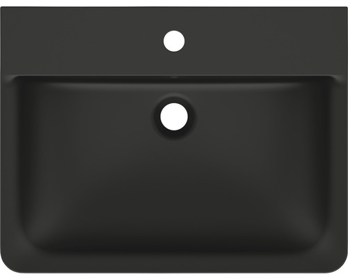 Schwarzes Waschbecken aus Keramik mit Hahnloch und Überlauf