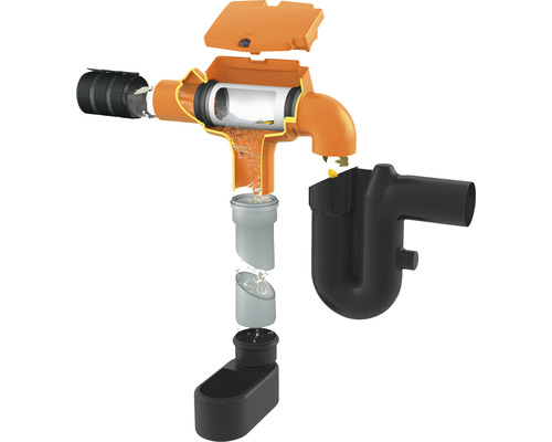 Explosionszeichnung eines Regenwasserfilters mit Laubabscheider