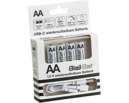 Packung mit vier wiederaufladbaren AA-Batterien mit USB-C-Ladekabel