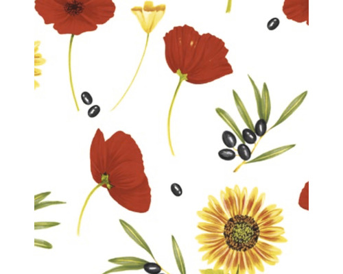 Motif floral avec des coquelicots, des tournesols et des branches d''olivier