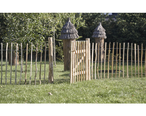 Scène de jardin avec une clôture en bois ouverte et des ruches en arrière-plan