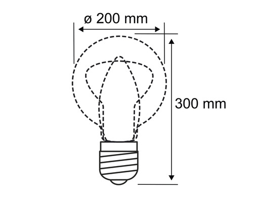 Technische Zeichnung einer Glühbirne mit den Massen 200 Millimeter Durchmesser und 300 Millimeter Höhe.