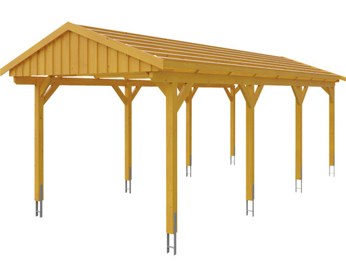 Carport en bois avec structure de toit et poteaux de soutien