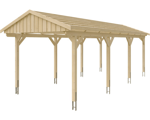 Carport en bois avec toit à deux pentes et base en acier