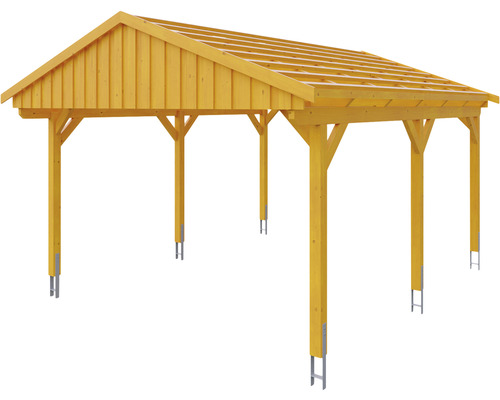 Carport en bois avec toit à deux pans et poteaux