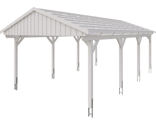 Carport en bois blanc avec toit à deux pentes et ancrages en acier pour la fixation au sol.