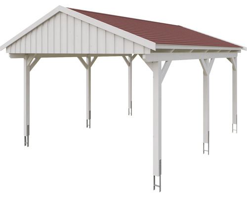 Freistehender Carport aus Holz mit rotem Dach