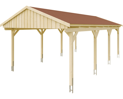 Holzcarport mit rotem Dach