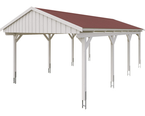 Weisser Holzcarport mit rotem Dach