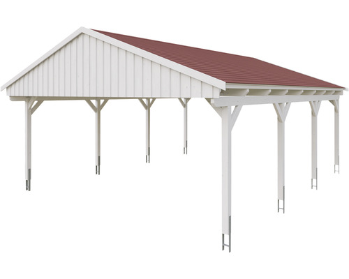 Weisser Holzcarport mit rotem Dach