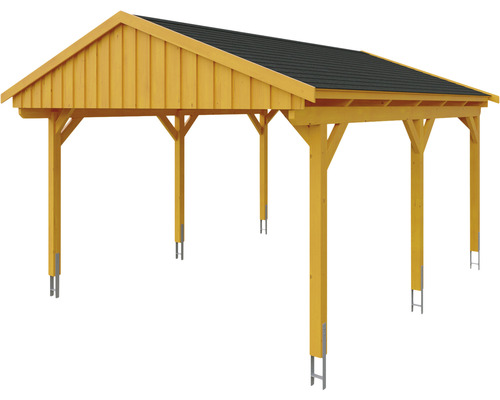 Carport en bois avec toit et fondations de poteaux