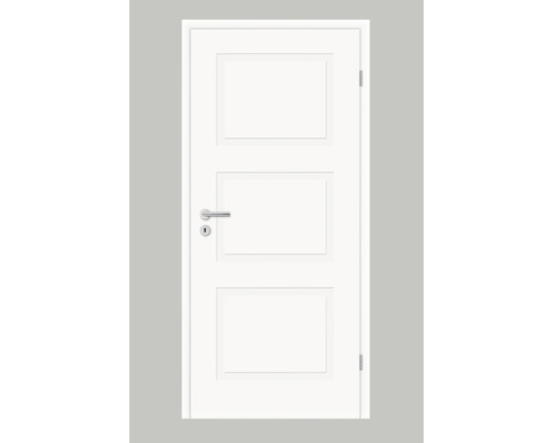 Porte intérieure blanche avec trois panneaux rectangulaires et poignée de porte