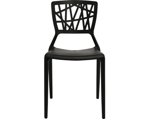 Chaise en plastique noire avec dossier ouvert.