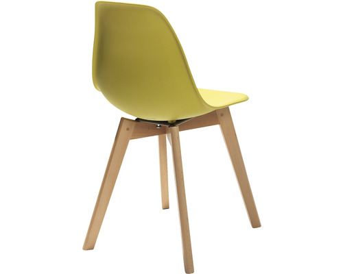 Chaise jaune avec pieds en bois vue de derrière