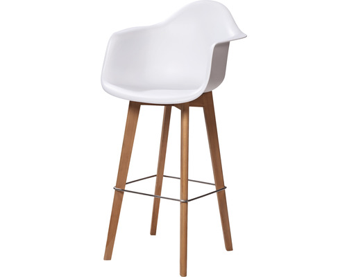Tabouret de bar avec accoudoirs, assise en plastique et pieds en bois