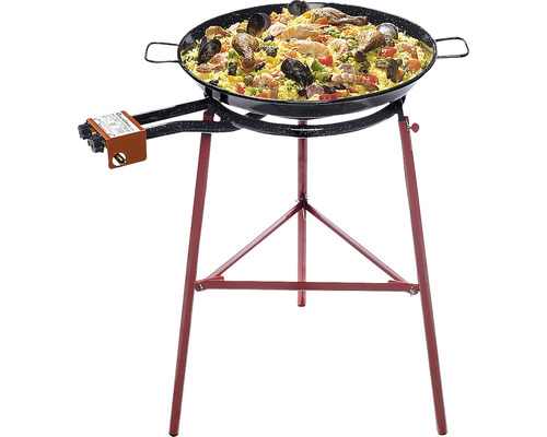 Set à paella avec brûleur à gaz et trépied, rempli de paella