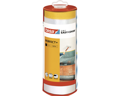 tesa Easy Cover Perfect+ Abdeckfolie und Abdeckband 1,40 x 33 m Tesa 2-in-1 Easy Cover zum Abdecken und Schützen beim Malen, Größe L 33 Meter mal 1,40 Meter