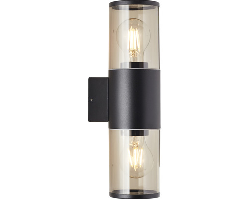 Schwarze Wandleuchte mit zwei Leuchtmitteln hinter farbigem Glas