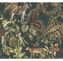 Tapete mit Dschungelmotiven mit Zebra, Affen, Leopard und tropischen Pflanzen