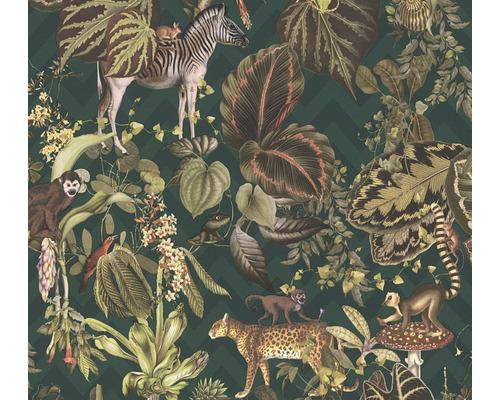 Tapete mit Dschungelmotiven mit Zebra, Affen, Leopard und tropischen Pflanzen