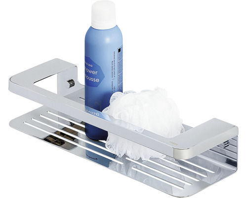 Étagère de douche chromée avec mousse de douche et éponge de bain