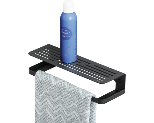 Étagère murale noire avec porte-serviettes et mousse de douche