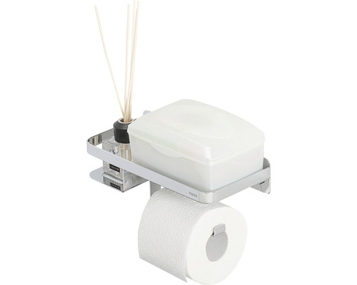 Dérouleur de papier toilette TIGER Caddy chrome brillant 24 x 10cm 1401430346 Porte-papier toilette avec étagère pour lingettes humides et bâtonnets parfumés