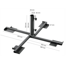 Sonnenschirmständer mit den Maßen 890 mm Länge, 405 mm Breite und 329 mm Höhe