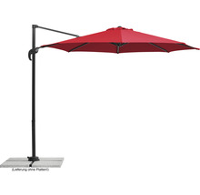 Parasol excentré rouge sur un socle en pierre grise