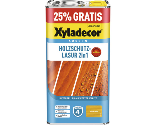 Xyladecor Holzschutzlasur eiche hell 4+1 L (+25%) gratis Xyladecor Holzschutzlasur 2in1 Dose für den Aussenbereich