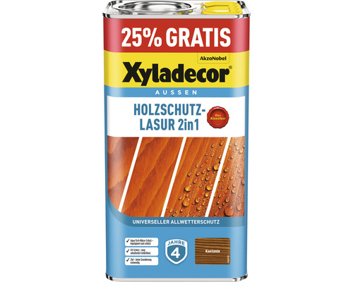 Xyladecor Holzschutzlasur kastanie 4+1 L (+25%) gratis Xyladecor Holzschutzlasur 2in1 für Aussenbereich, Kastanie