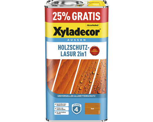 Xyladecor Holzschutzlasur teak 4+1 L (+25%) gratis Xyladecor lasure de protection du bois 2en1, boîte