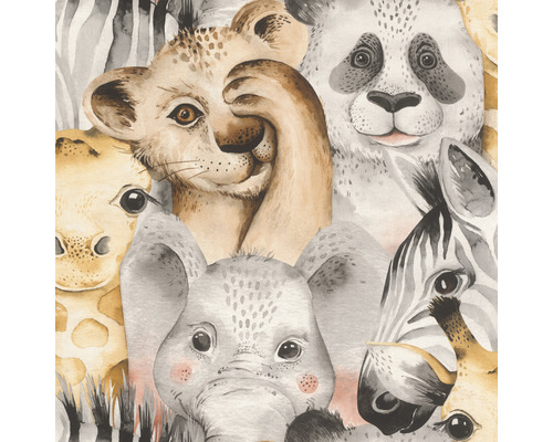 Vliestapete 252521 Bambino XIX Tiere grau braun Illustration mit Löwe, Giraffe, Elefant, Panda und Zebra