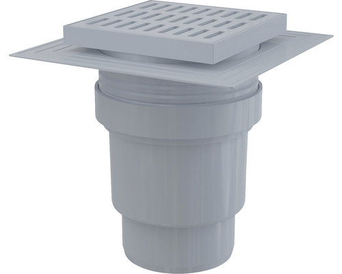 Évacuation au sol Alcadrain 150x150 mm avec écoulement vertical DN 110 mm, grille grise, manchette double étanchéité, siphon avec eau d'étanchéité Bonde de sol avec grille carrée