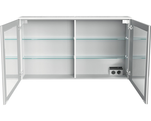 Armoire de toilette à miroir ouverte avec étagères en verre