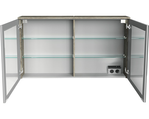 Offener Spiegelschrank mit zwei Glastüren und Glasablagen