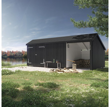 Gartenhaus mit Holzlagerbereich und angrenzendem See