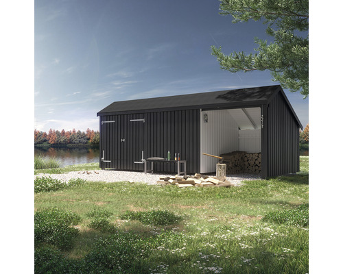 Gartenhaus mit Holzlagerbereich und angrenzendem See