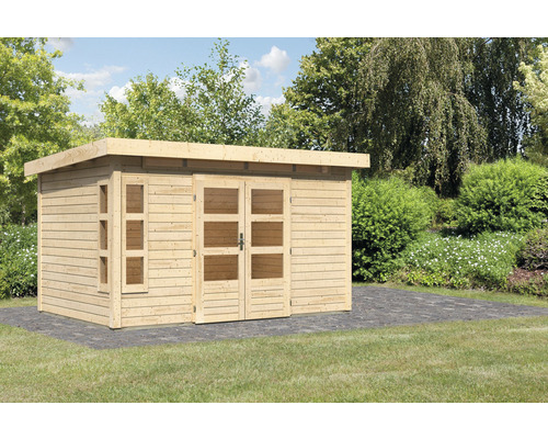Holzgartenhaus mit Doppeltür und Seitenfenster im Aussenbereich