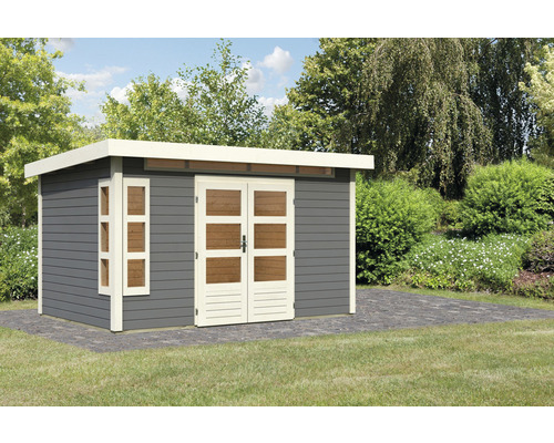 Abri de jardin avec toit plat, double porte et fenêtre latérale dans le jardin