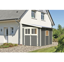Abri de jardin en bois avec double porte et auvent accolé à une maison
