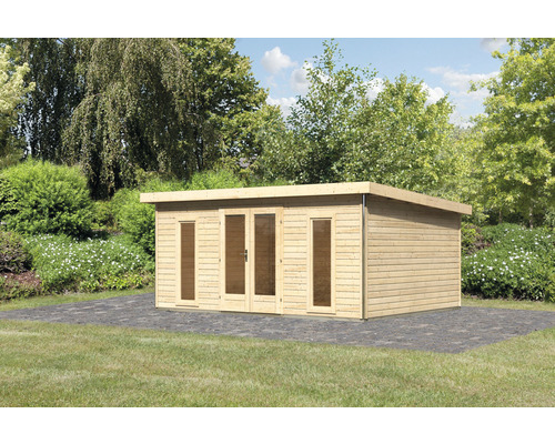 Holzgartenhaus mit Doppeltür und Fenstern im Garten