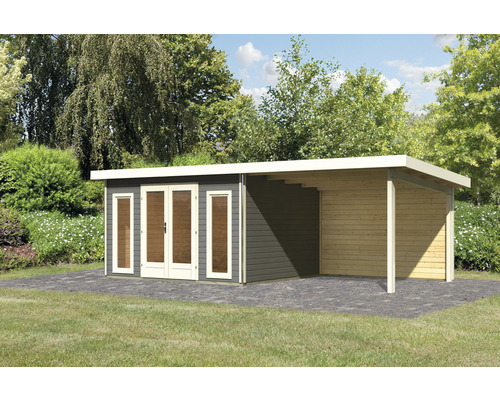 Modernes Gartenhaus mit Carport aus Holz im Aussenbereich